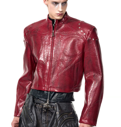 Men's Stand Up Collar Leather Jacket RED