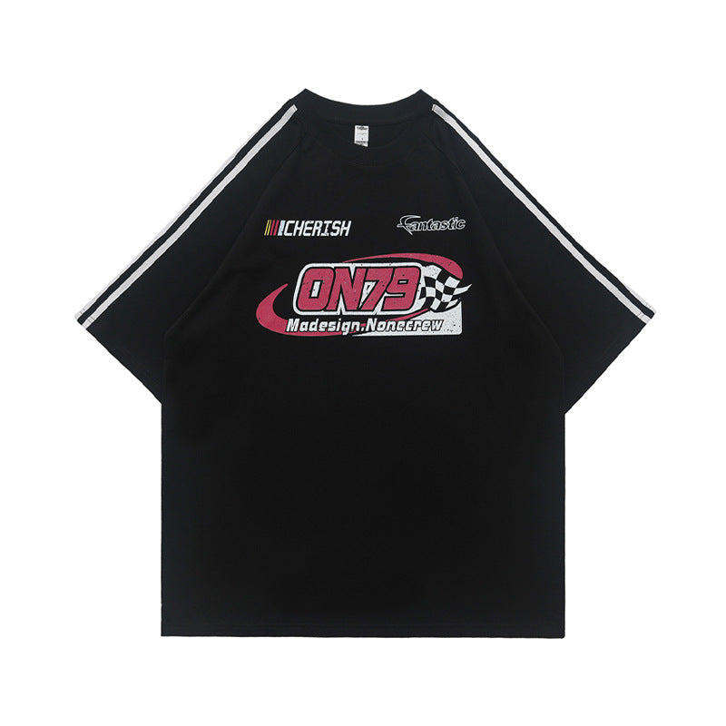 American Retro Raglan Racing Car Distressed Printed Cotton Short-sleeved T-shirt Men And Women Couple Summer Top