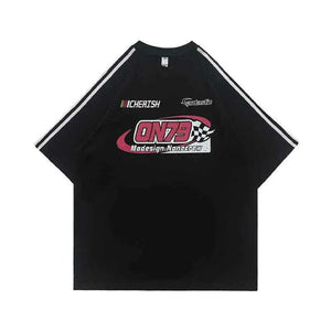 American Retro Raglan Racing Car Distressed Printed Cotton Short-sleeved T-shirt For Men Black