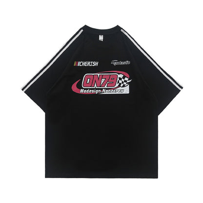 American Retro Raglan Racing Car Distressed Printed Cotton Short-sleeved T-shirt Men And Women Couple Summer Top