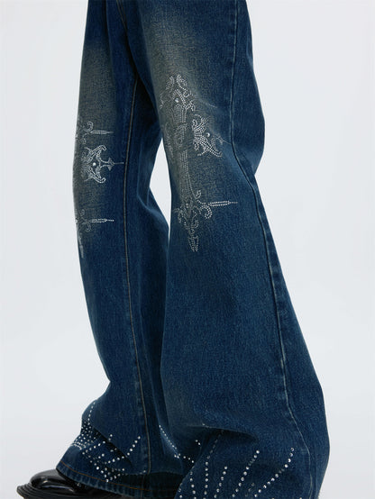 Water-washed Rhinestone Jeans With A Slight Flare For Men All Products