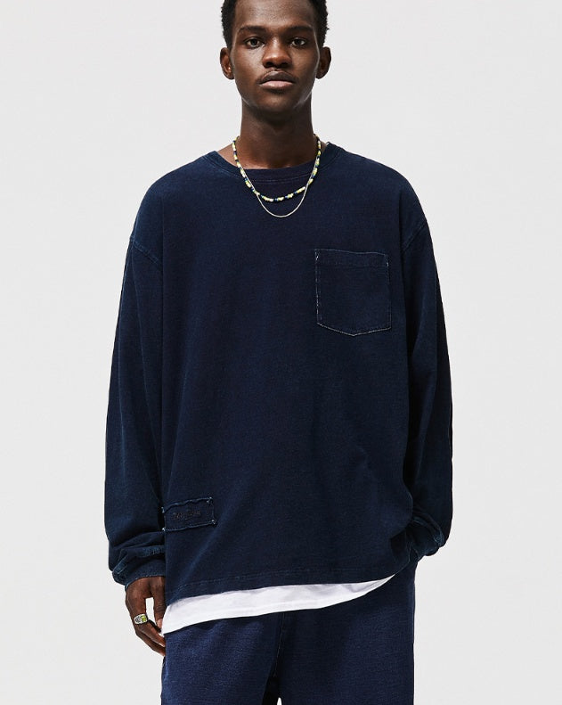 Men's Blue Dyed Knitted Denim Long Sleeve T-shirt MuddyStock null