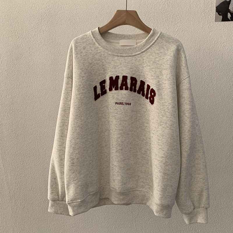 Round Neck Towel Embroidery Letter Fleece Long Sleeve Sweatshirt Loose Warm Hooded Top for Women eprolo