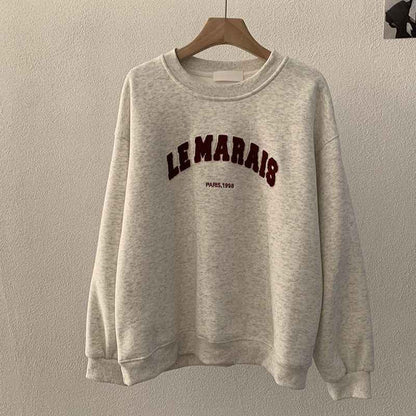 Round Neck Towel Embroidery Letter Fleece Long Sleeve Sweatshirt Loose Warm Hooded Top for Women eprolo