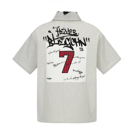 Letter embroidery printed loose short sleeved striped shirt