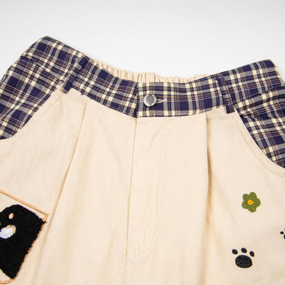 Cat Embroidered plaid Waist Head Contrasting Color Wide Leg Shorts