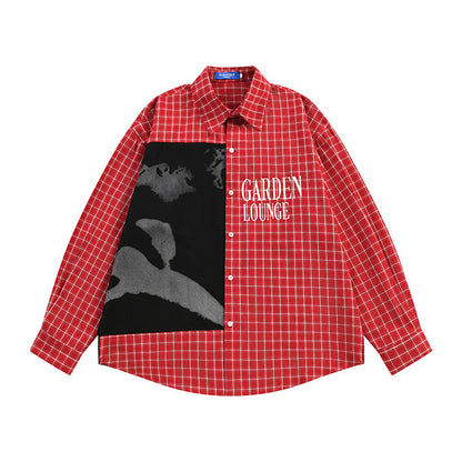 Men's Punk High Street Casual Spliced Color-Block Houndstooth Long Sleeve Lapel Shirt Red