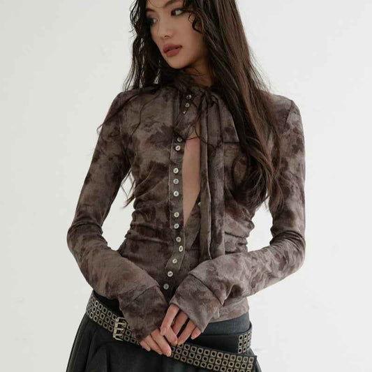 Retro Dark Flocked Print Distressed Top For Women