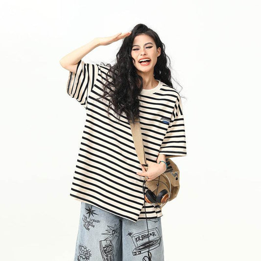 Retro Striped Short-sleeved T-shirt For Women MuddyStock