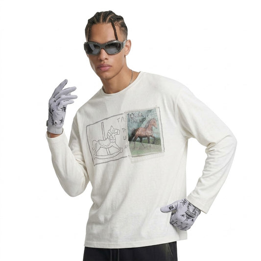 Wooden Horse Stamp Print Loose Long Sleeve T-Shirt For Men | MuddyStock Originals