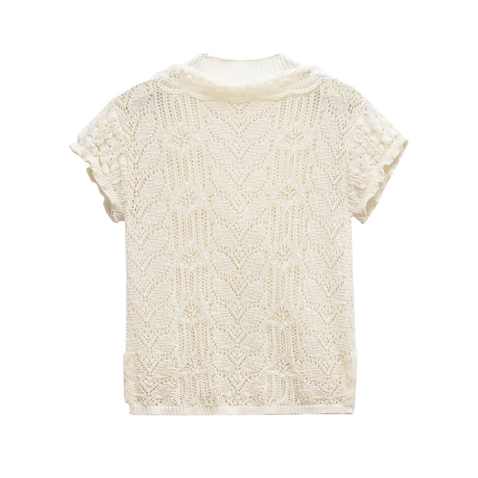 Round neck short sleeved jacquard mesh hollowed out T-shirt top for women | MuddyStock Originals MuddyStock