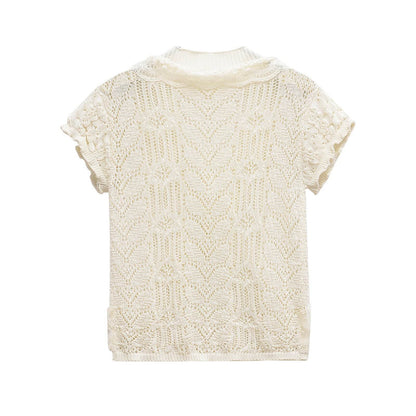 Round neck short sleeved jacquard mesh hollowed out T-shirt top for women | MuddyStock Originals MuddyStock