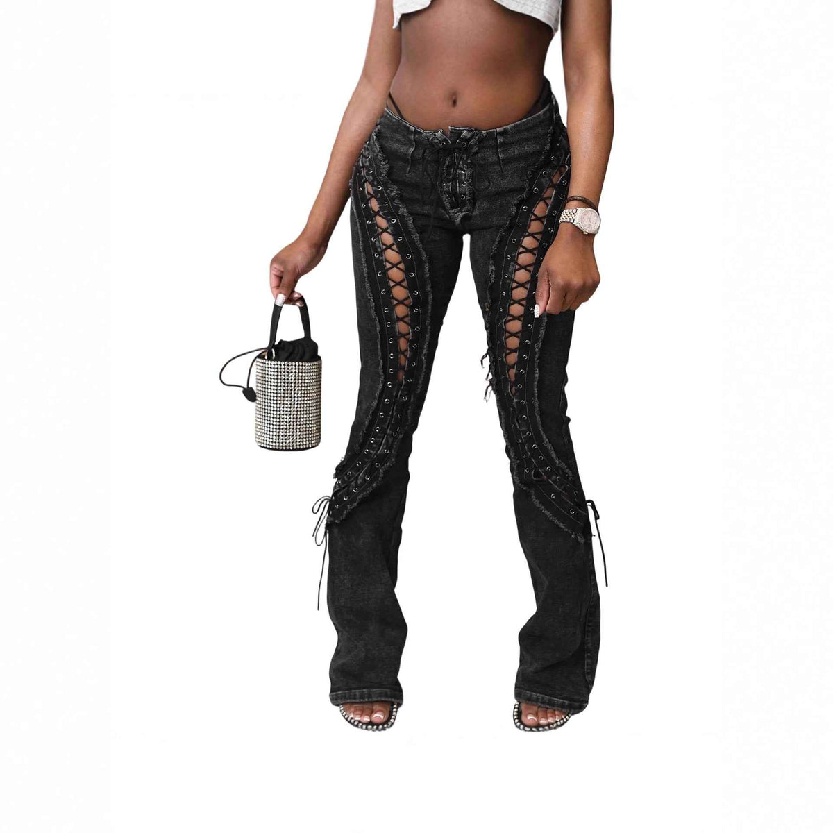 Casual High Waist Button Tie Elastic Jeans For Women Black