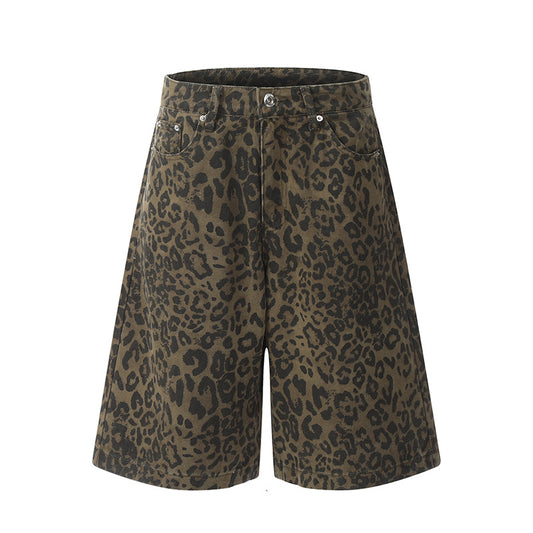 Leopard print denim seven quarter shorts