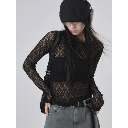 Japanese-style Y2K Bubble-cutout Long-sleeve Top For Women Black Free Size