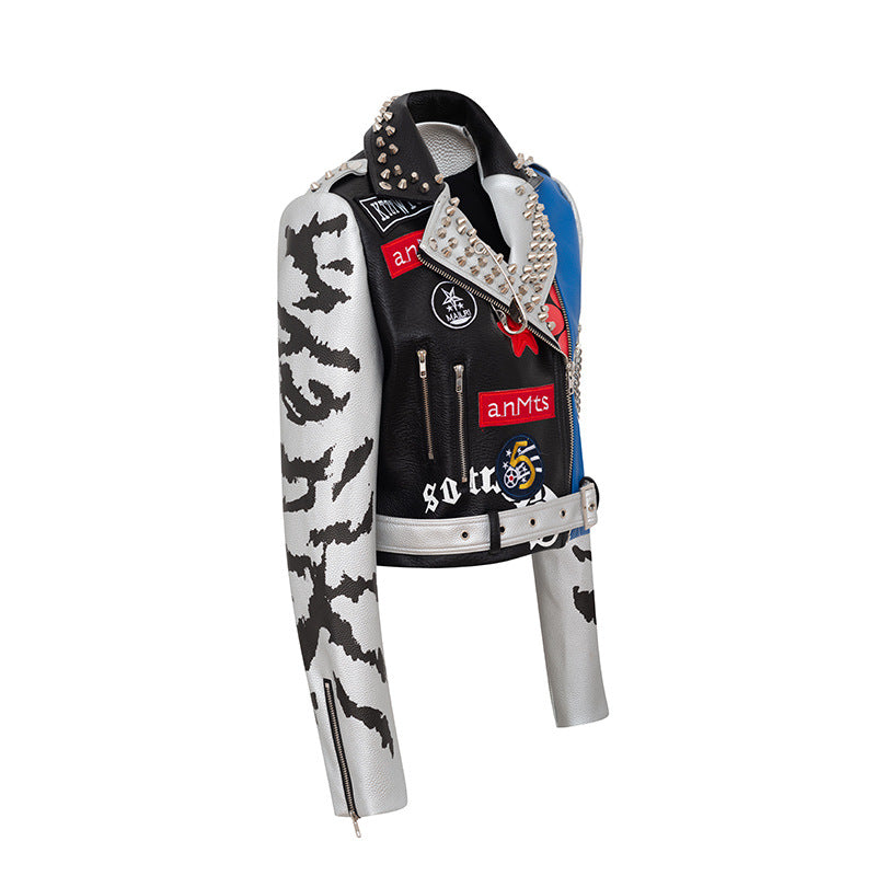 Graffiti Print Slim Motorcycle Leather Jacket For Women