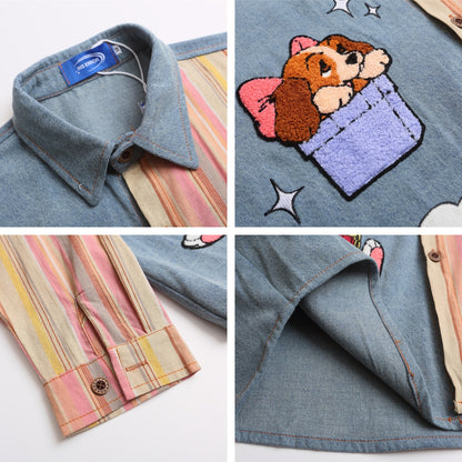 Cartoon Embroidery Long Sleeve Shirt Unisex Splicing Loose Casual Versatile Couple Blouse Jacket