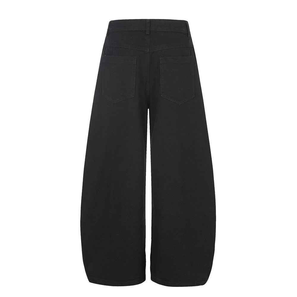 Embroidered wide leg denim curved knife pants
