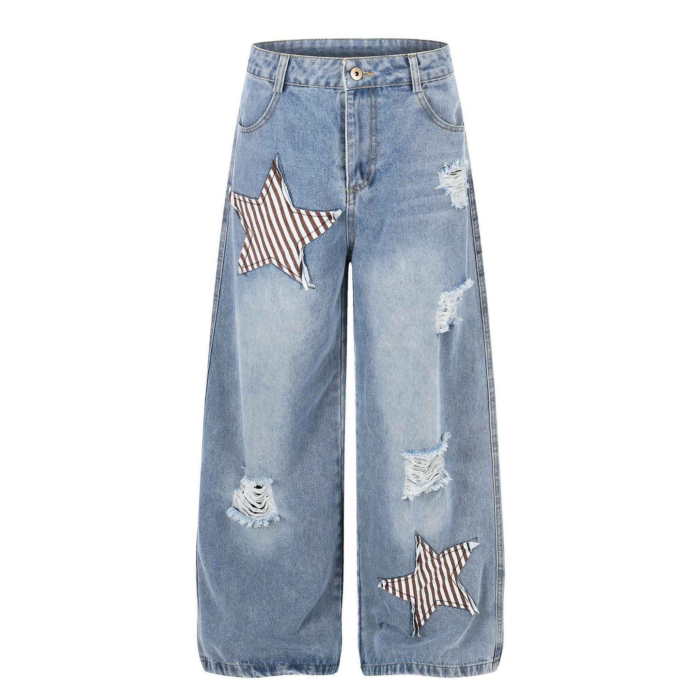 Star Patch Washed Blue Wide Leg Casual Versatile Straight Leg Jeans For Women | MuddyStock Originals Blue