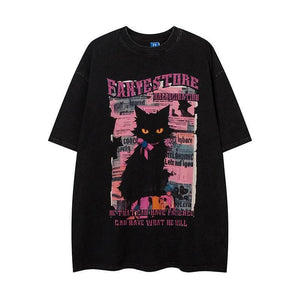 Cartoon Cat Printed Loose Short Sleeve For Women Black
