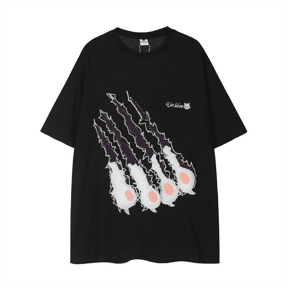 Cat Paw Scratch Flocking Embroidered Loose T-shirt For Men And Women Black MuddyStock
