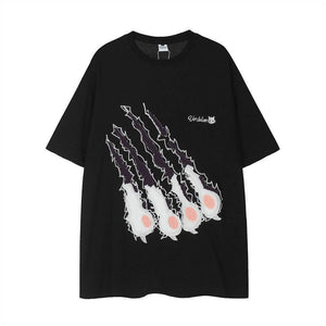 Cat Paw Scratch Flocking Embroidered Loose T-shirt For Men And Women Black