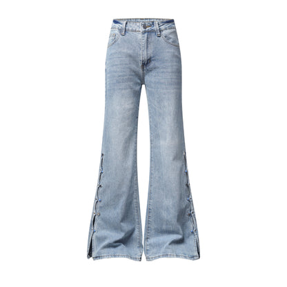 Light Blue Washed Micro Flare Jeans with Star Button Side Slit Hem | MuddyStock Originals Blue