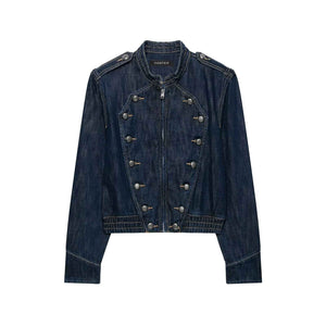 Button embellished denim jacket for women | MuddyStock Originals Dark blue