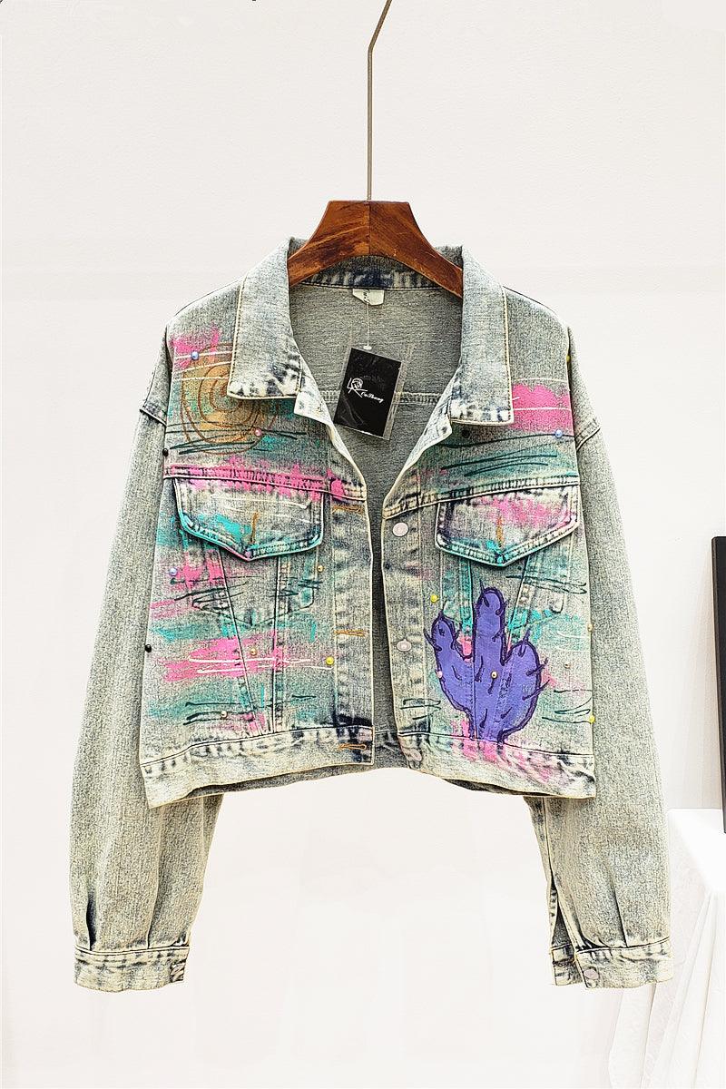 Hand drawn doodle letters denim jacket for women All Products