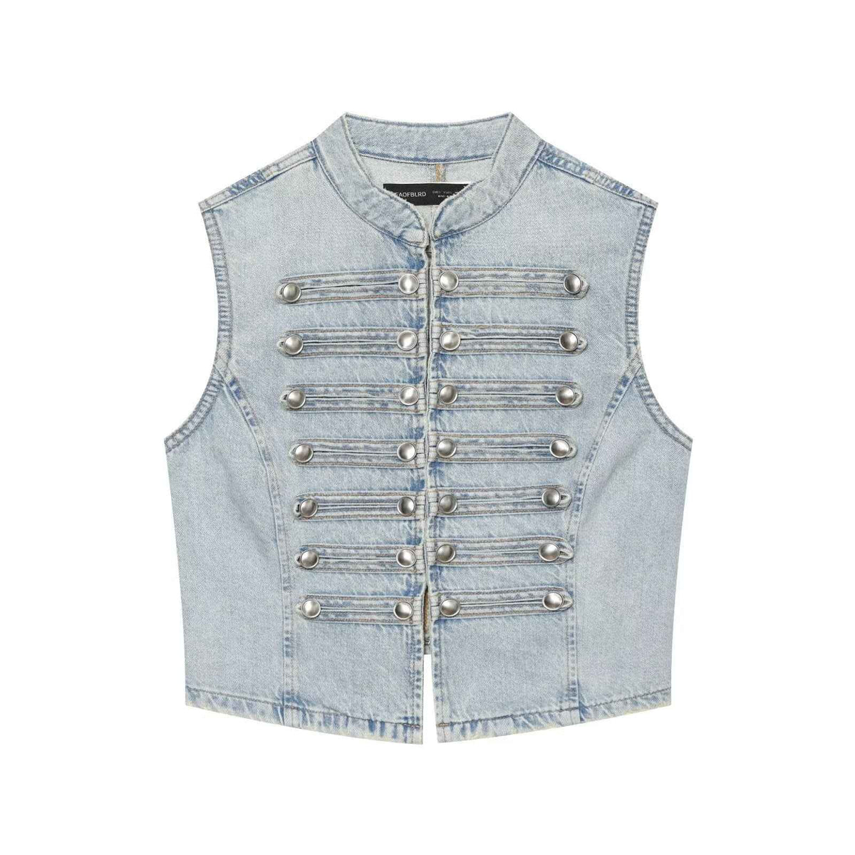 Knot button up stand up collar denim vest for women | MuddyStock Originals Denim Blue