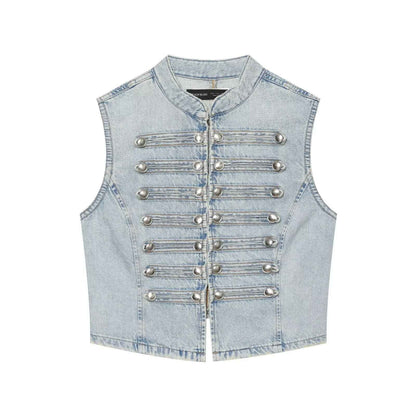 Knot button up stand up collar denim vest for women | MuddyStock Originals Denim Blue