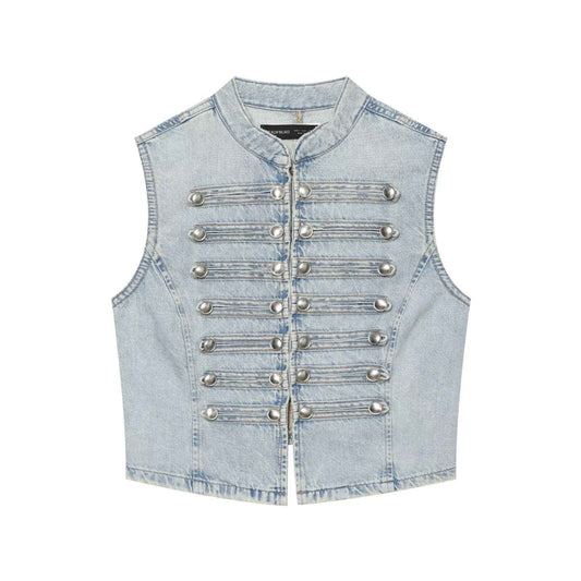 Knot button up stand up collar denim vest for women | MuddyStock Originals Denim Blue