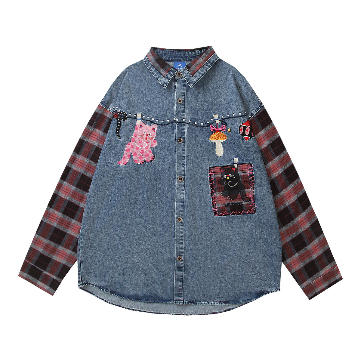 Patchwork Design Denim Shirt Loose Casual Shirt Jacket Blue