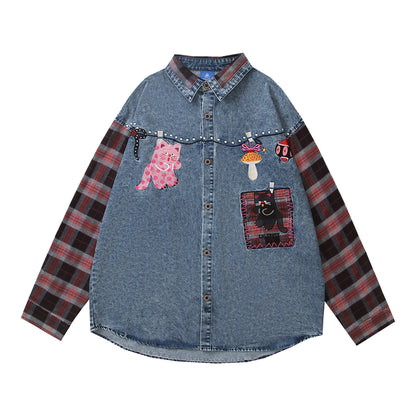 Patchwork Design Denim Shirt Loose Casual Shirt Jacket Blue