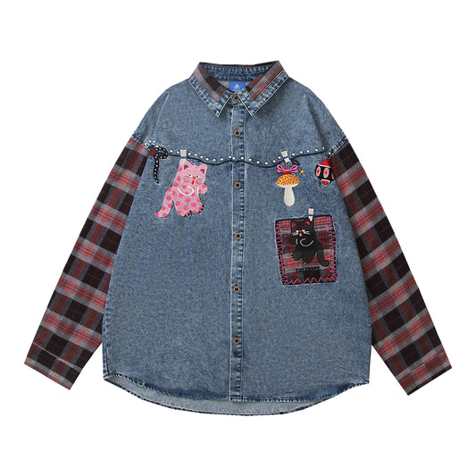Patchwork Design Denim Shirt Loose Casual Shirt Jacket Blue