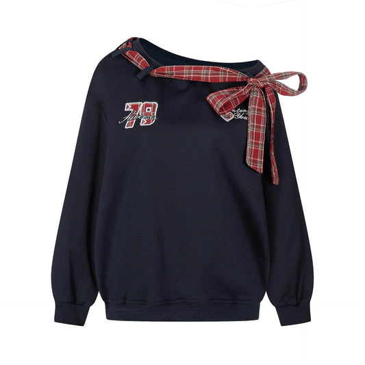 Slanted shoulder red checkered bow tied Sweatshirt For Women | MuddyStock Originals Blue MuddyStock