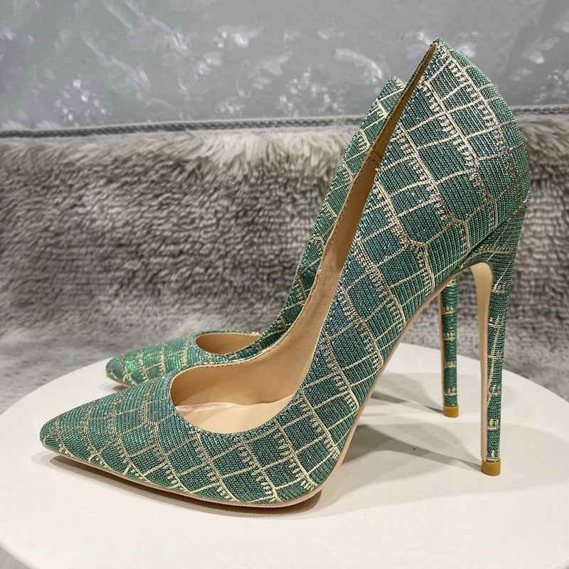Glitter Embossed Crocodile Effect Women Greem Pointy Toe High Heel