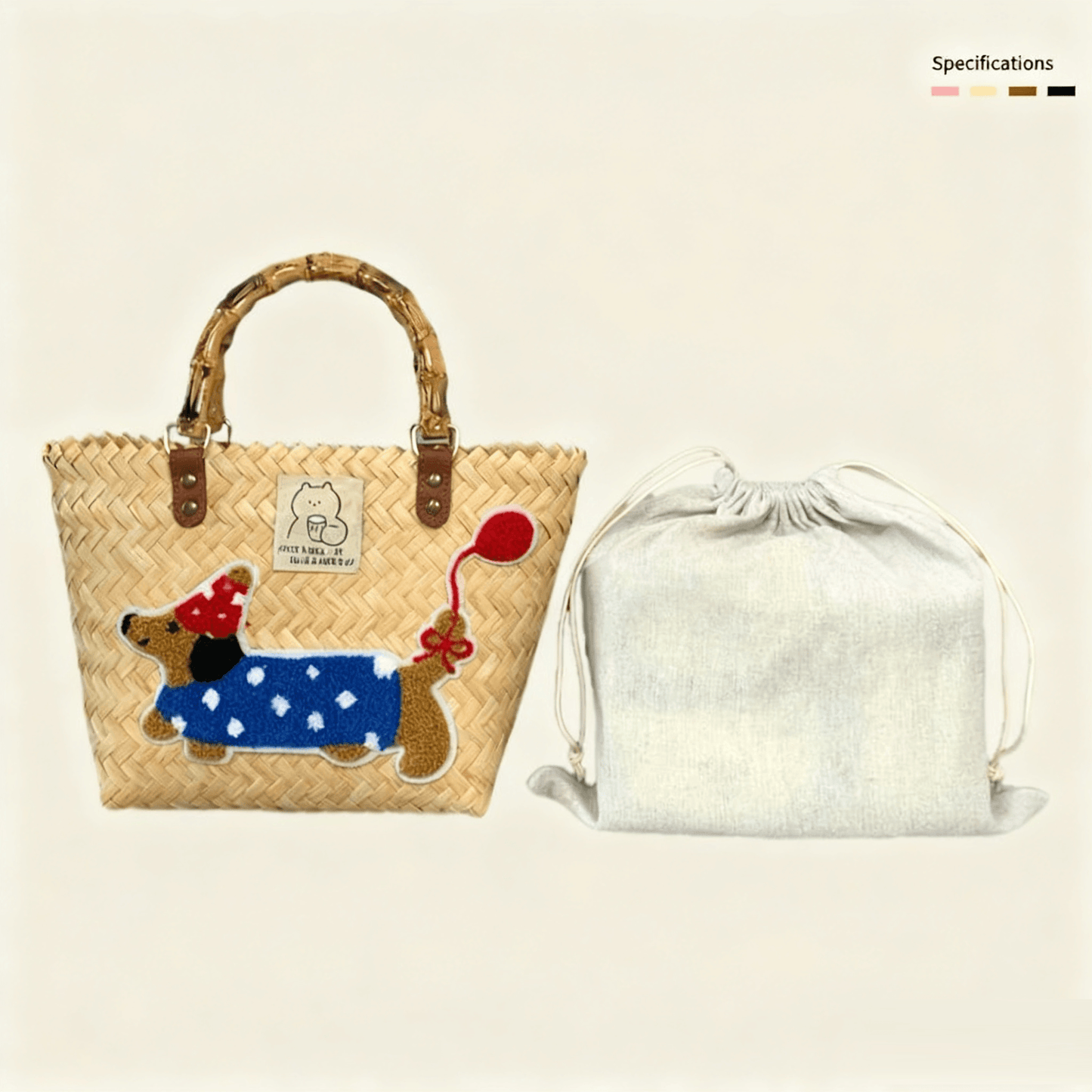 Large capacity sausage dog hand woven cabbage basket bag Bamboo Node - Premium Beige Balloon Dog (with Lining)