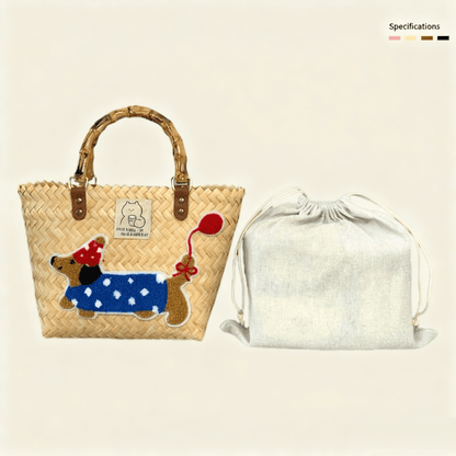 Large capacity sausage dog hand woven cabbage basket bag Bamboo Node - Premium Beige Balloon Dog (with Lining)
