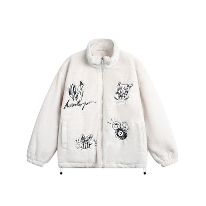 Hand-painted Cartoon Lamb Fleece Stand-up Collar Cotton Coat For Women | MuddyStock Originals Ivory