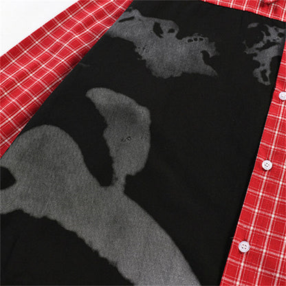 Men's Punk High Street Casual Spliced Color-Block Houndstooth Long Sleeve Lapel Shirt