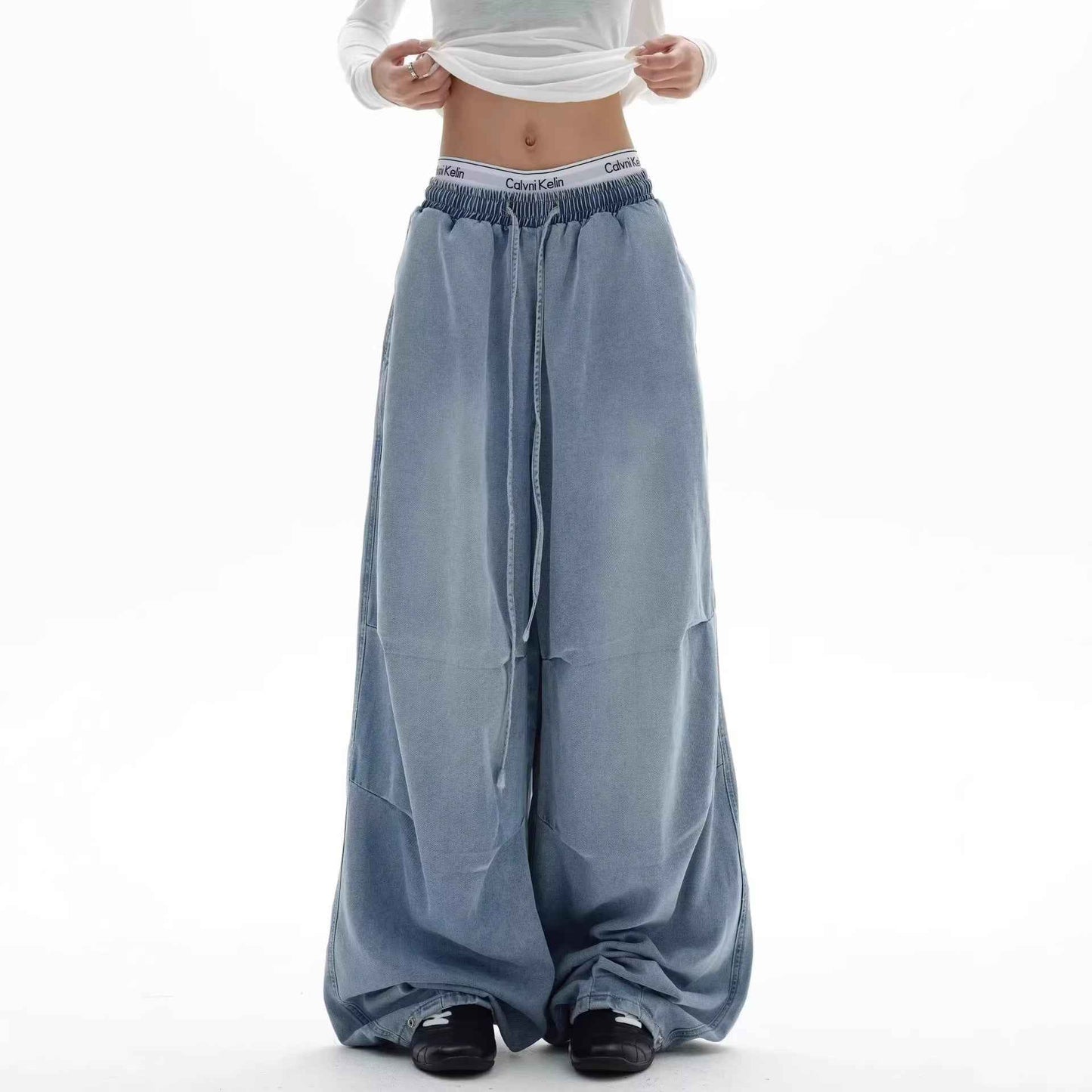 Street Style Pleated Elastic Waist Wide Leg Jeans | MuddyStock Originals