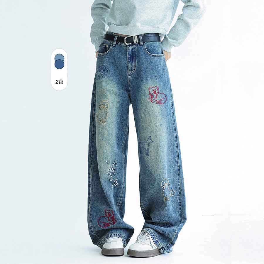Dog Embroidered Wide Leg Jeans For Men And Women MuddyStock