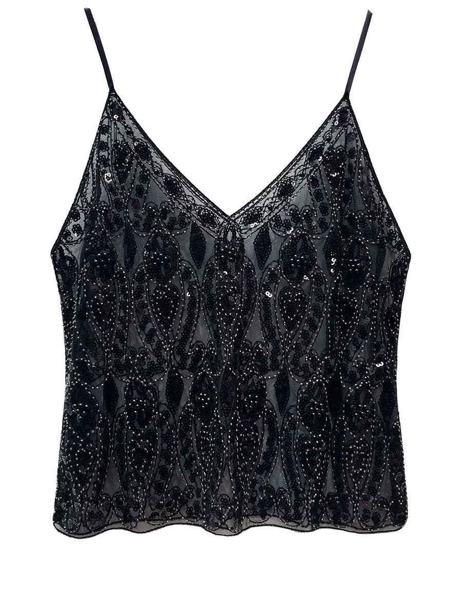 Heavy Embroidery Sequins Vest Shiny Small Sling For Women Black Free Size MuddyStock