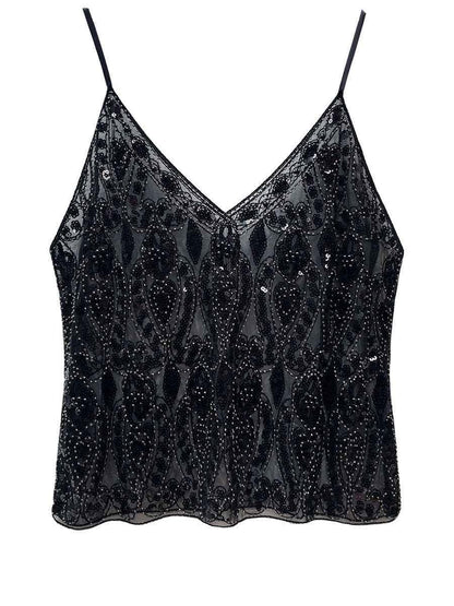 Heavy Embroidery Sequins Vest Shiny Small Sling For Women Black Free Size MuddyStock