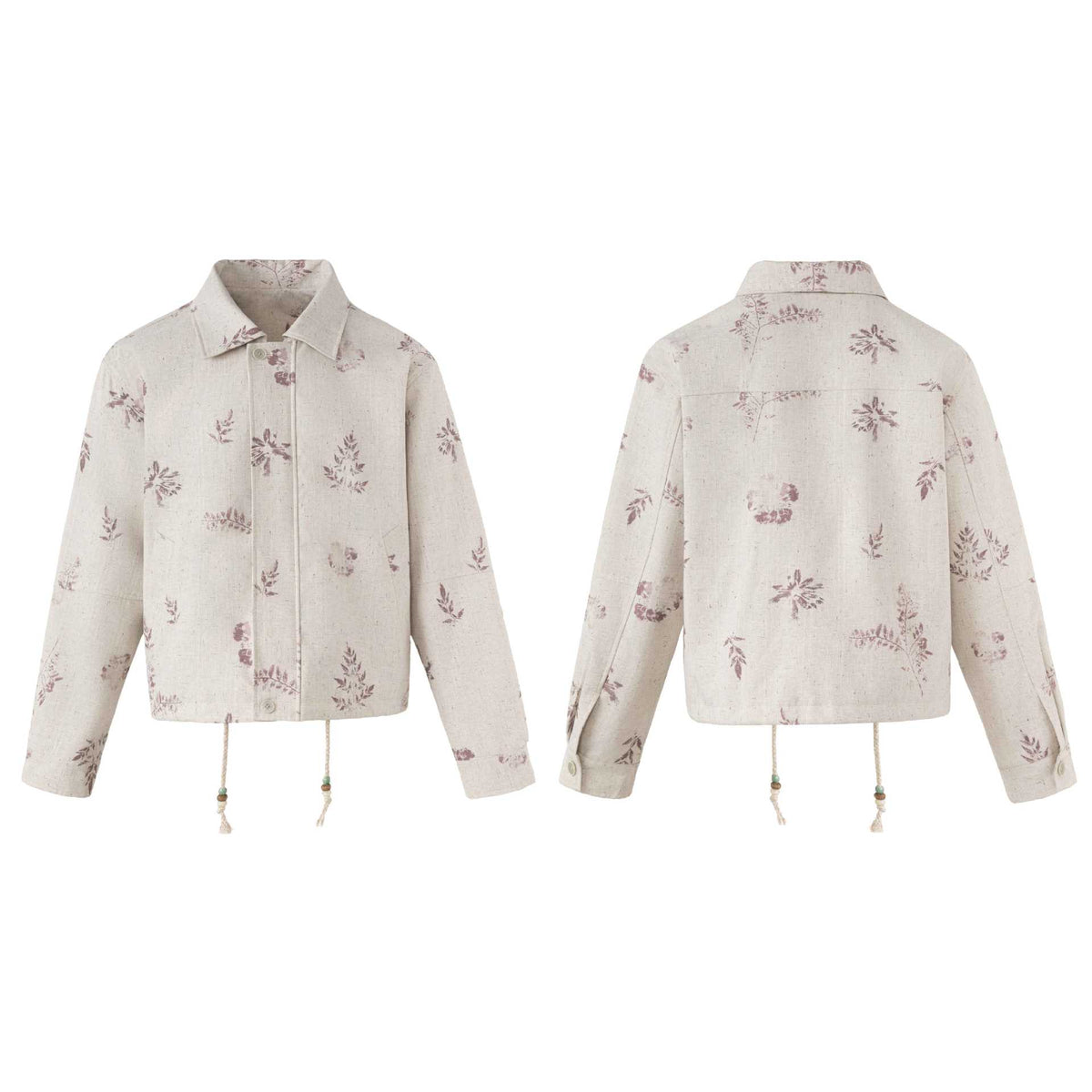 Plant Print Drawstring Closure Lapel Collar Cropped Jacket For Women