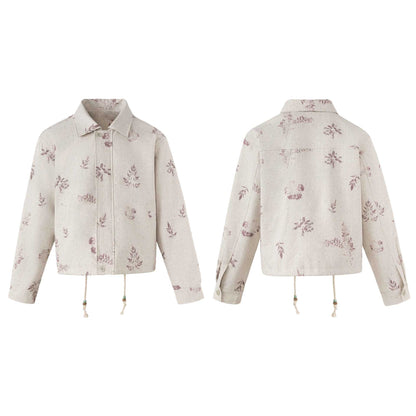 Plant Print Drawstring Closure Lapel Collar Cropped Jacket For Women