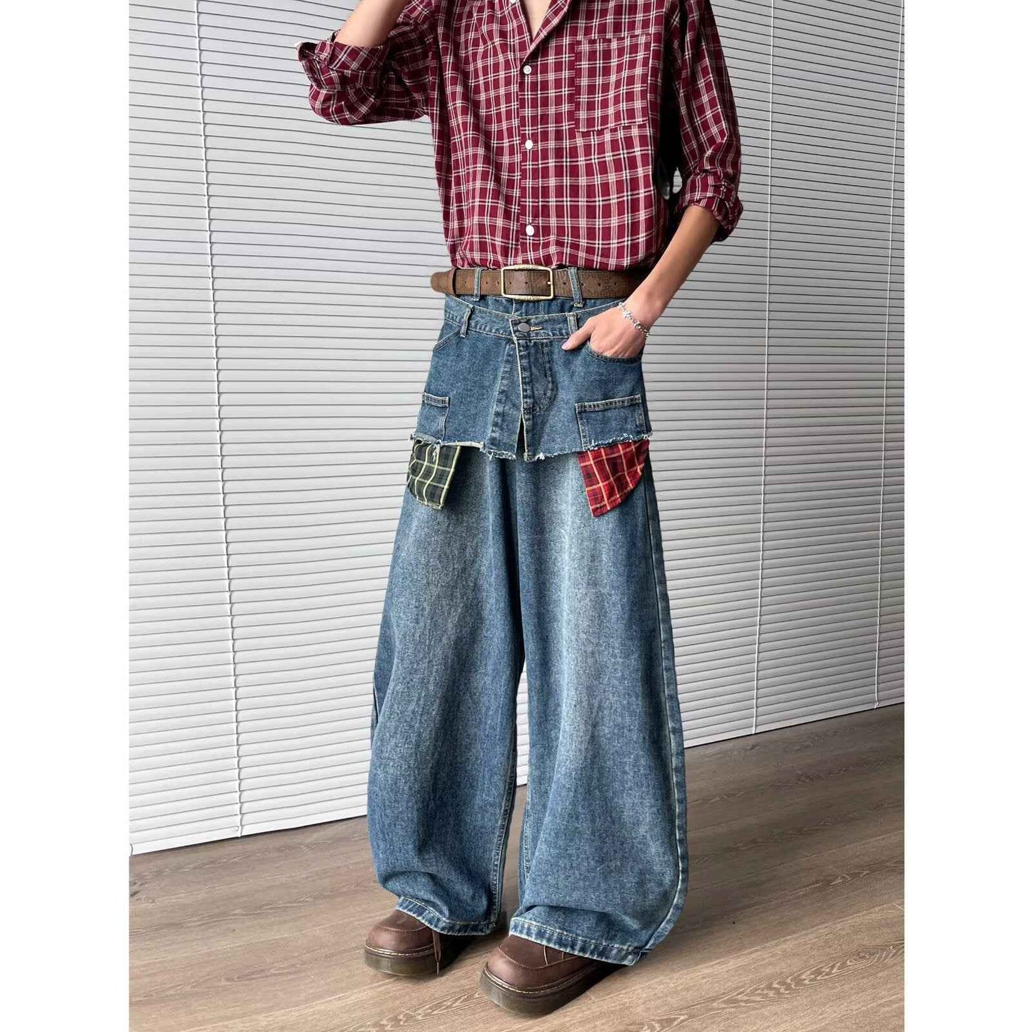 Retro fake two-piece checkered patchwork jeans for men | MuddyStock Originals MuddyStock