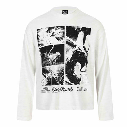 Rock Print Design Long Sleeve Distressed Washed Look Loose Fit T-Shirt For Men | MuddyStock Originals White
