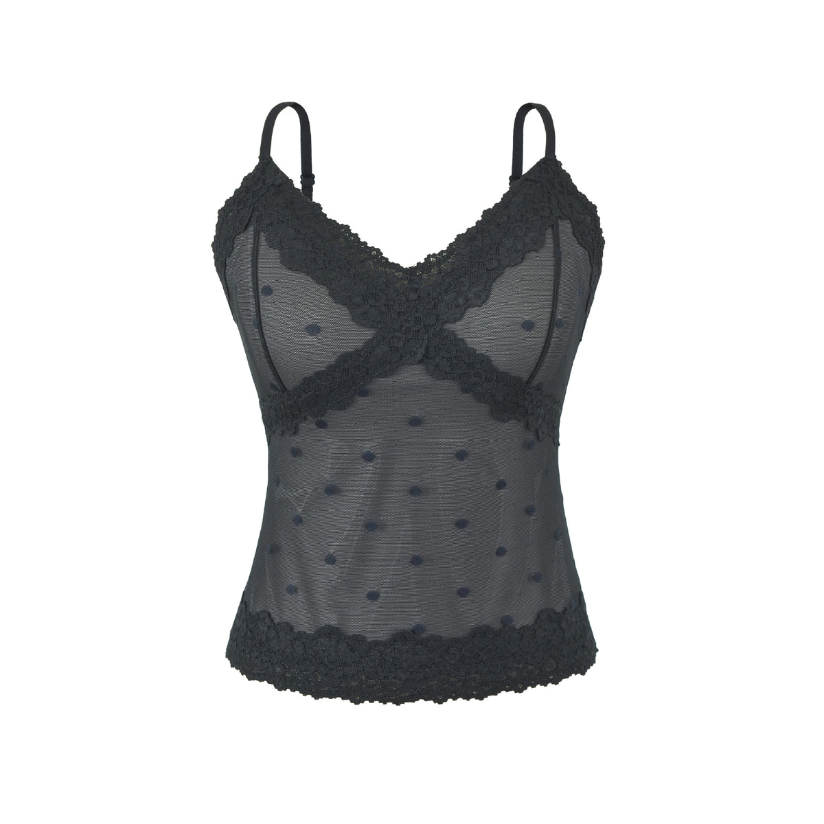 Polka Dot Lace Sleeveless Camisole Top with Built-in Pads Black